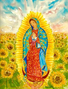 Dedication page illustration for the upcoming fall release of the bilingual version of The Three Sunflowers....The Virgen de Guadalupe was the inspiration for the Gloria character in the book....
